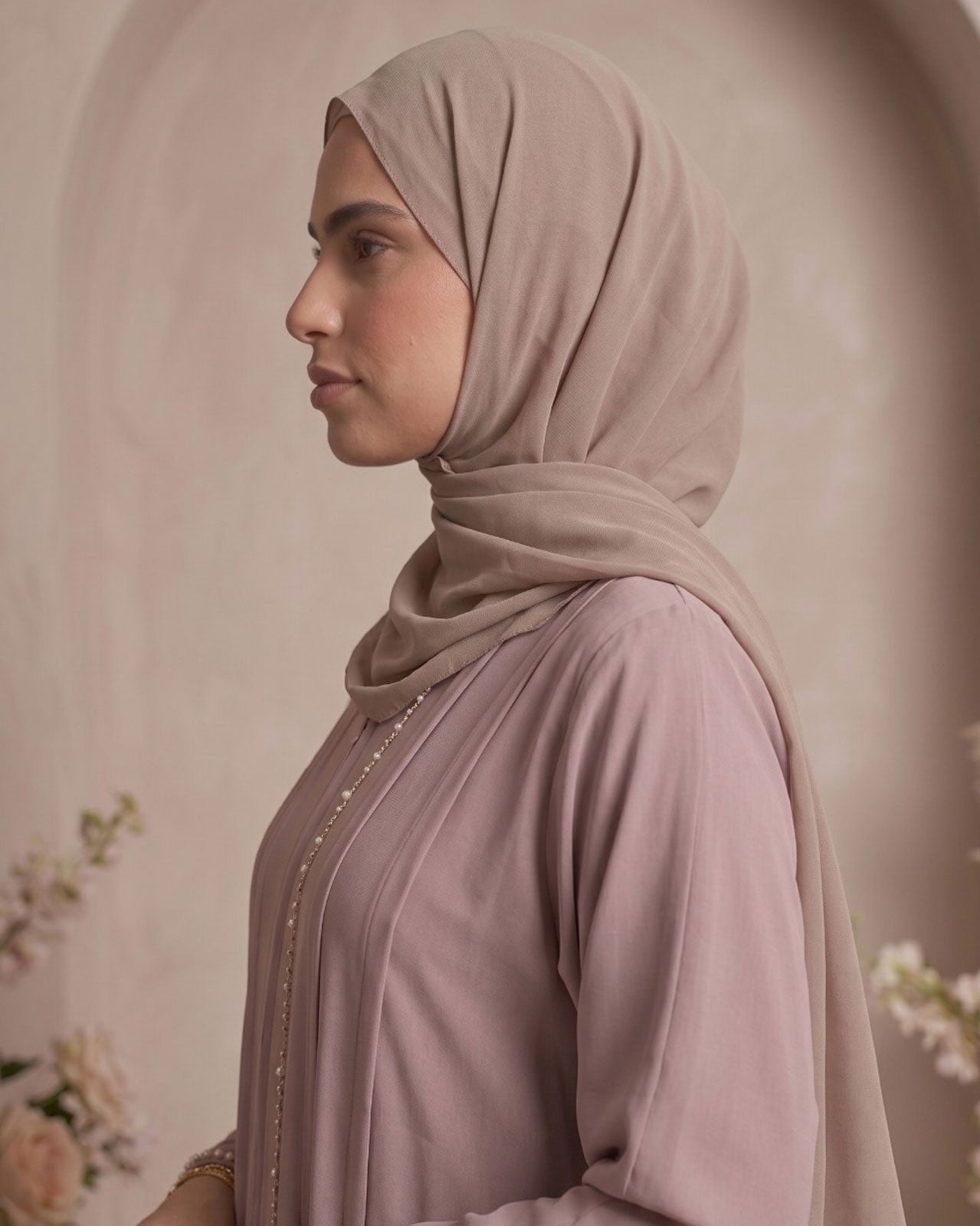 Elegant Dusty Mauve Georgette Abaya with Pearl Cuff Detail