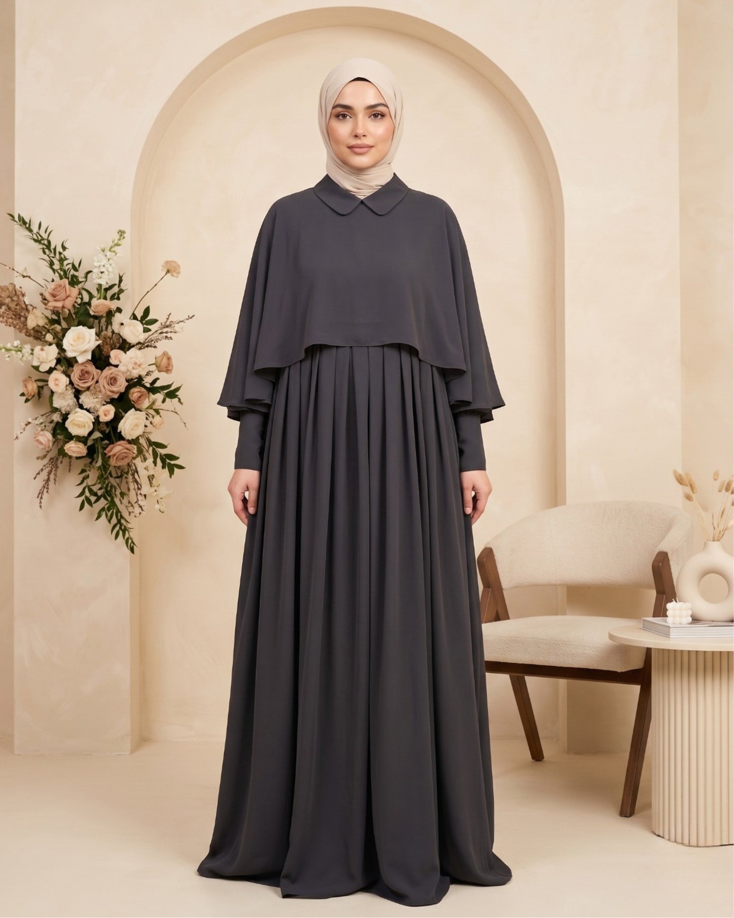 Elegant Pleated Cape Abaya – Charcoal Georgette