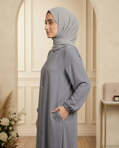 Minimalist Slate Gray Front-Zip Georgette Abaya