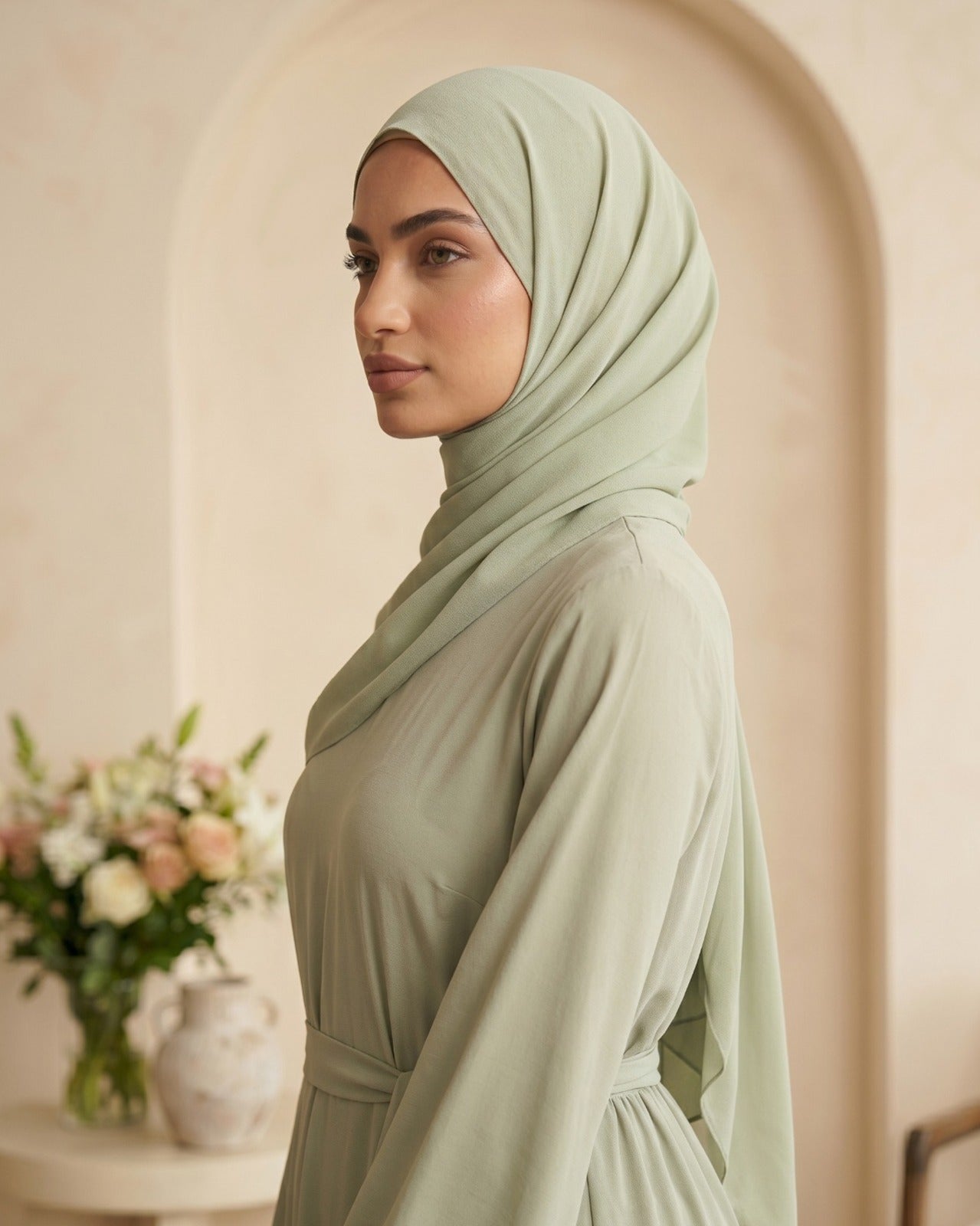 Elegant Sage Green Georgette Abaya with Belt