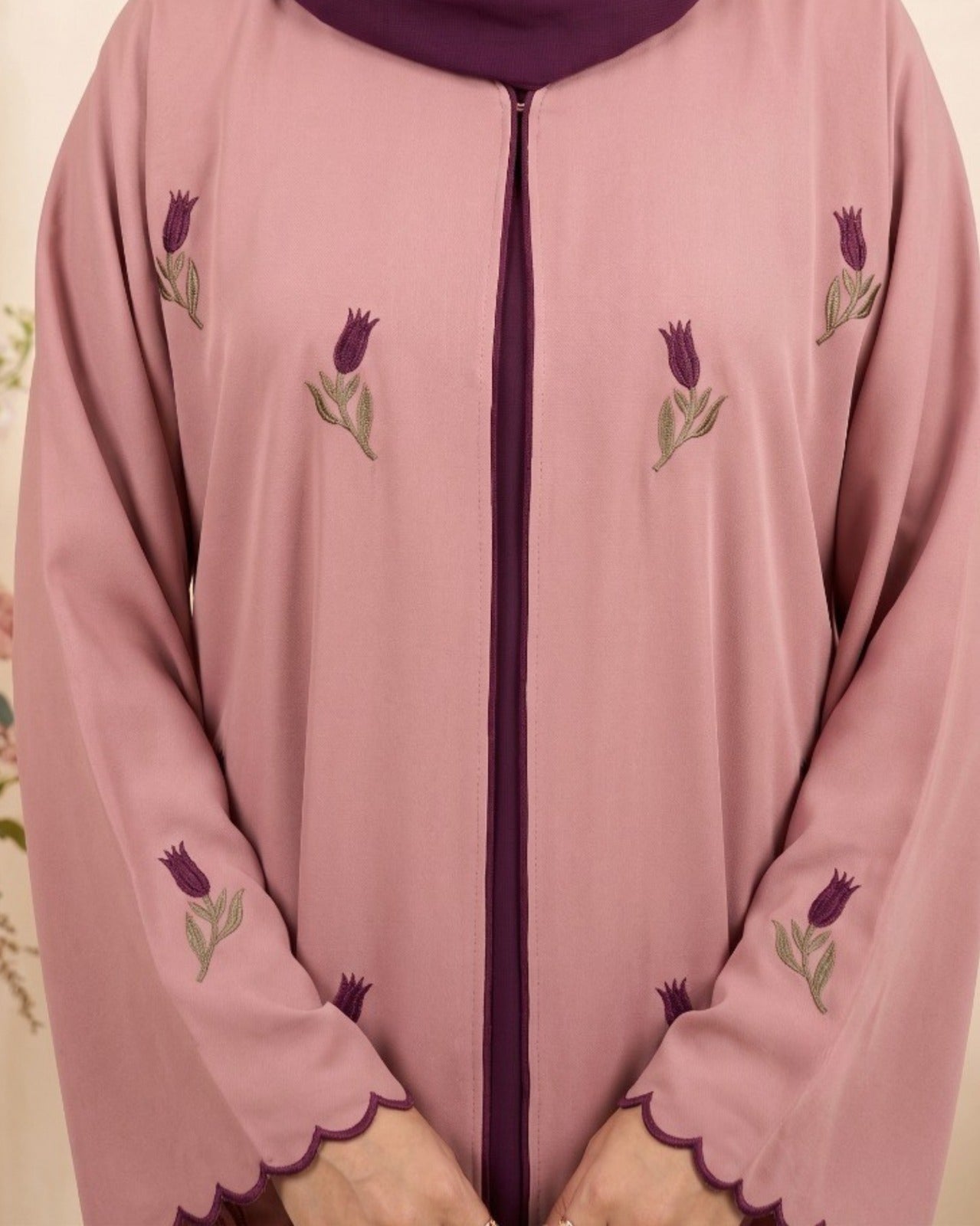 Elegant Georgette Front-Open Abaya with Tulip Embroidery & Scalloped Cuffs