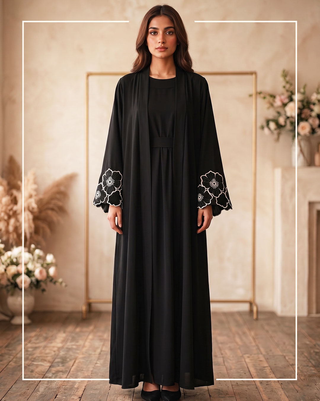Premium Midnight Black Georgette Open Abaya Featuring Exquisite Floral Cut-Work Embroidery and Contrast Detailing