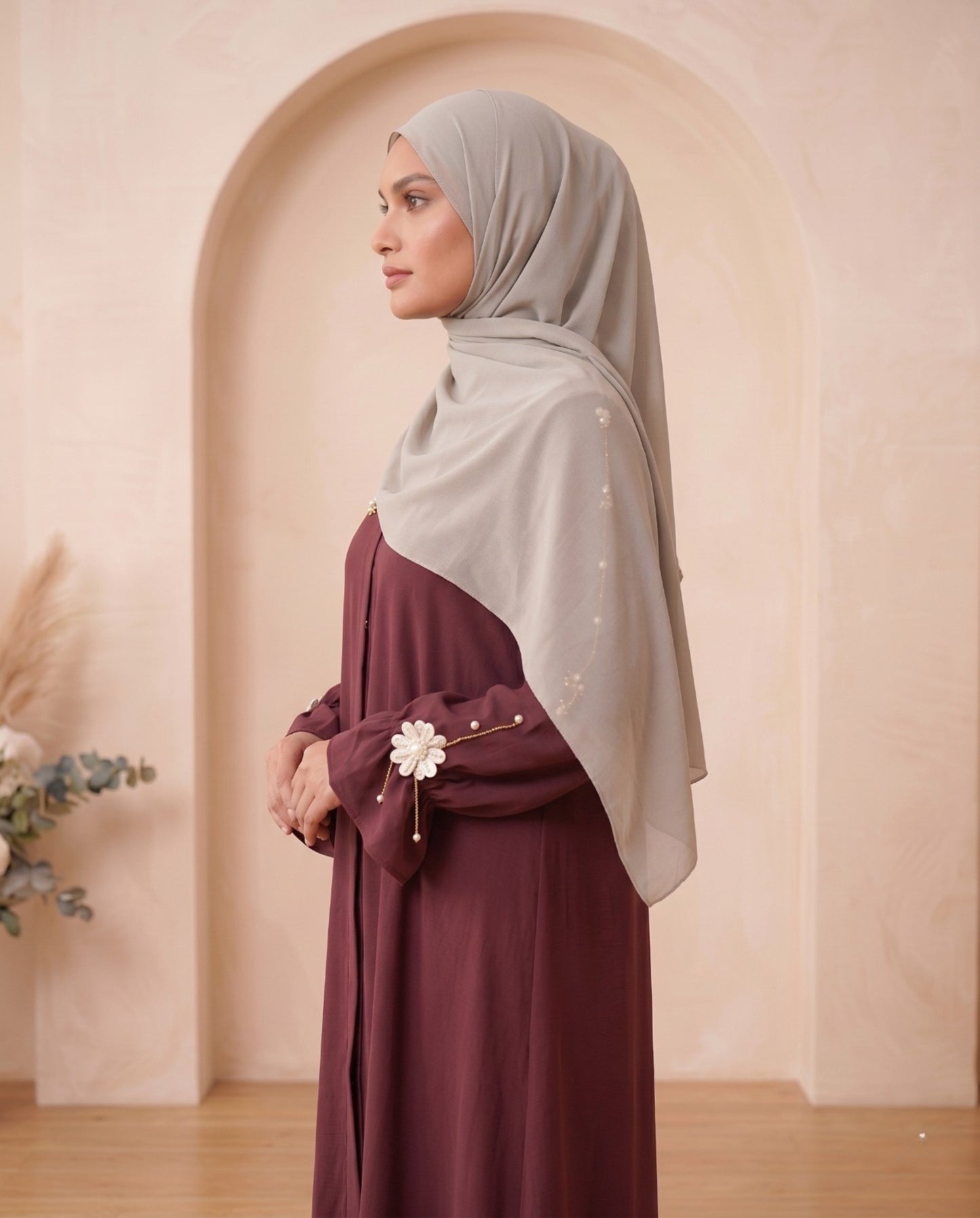 Embellished Floral Motif Georgette Abaya - Deep Maroon