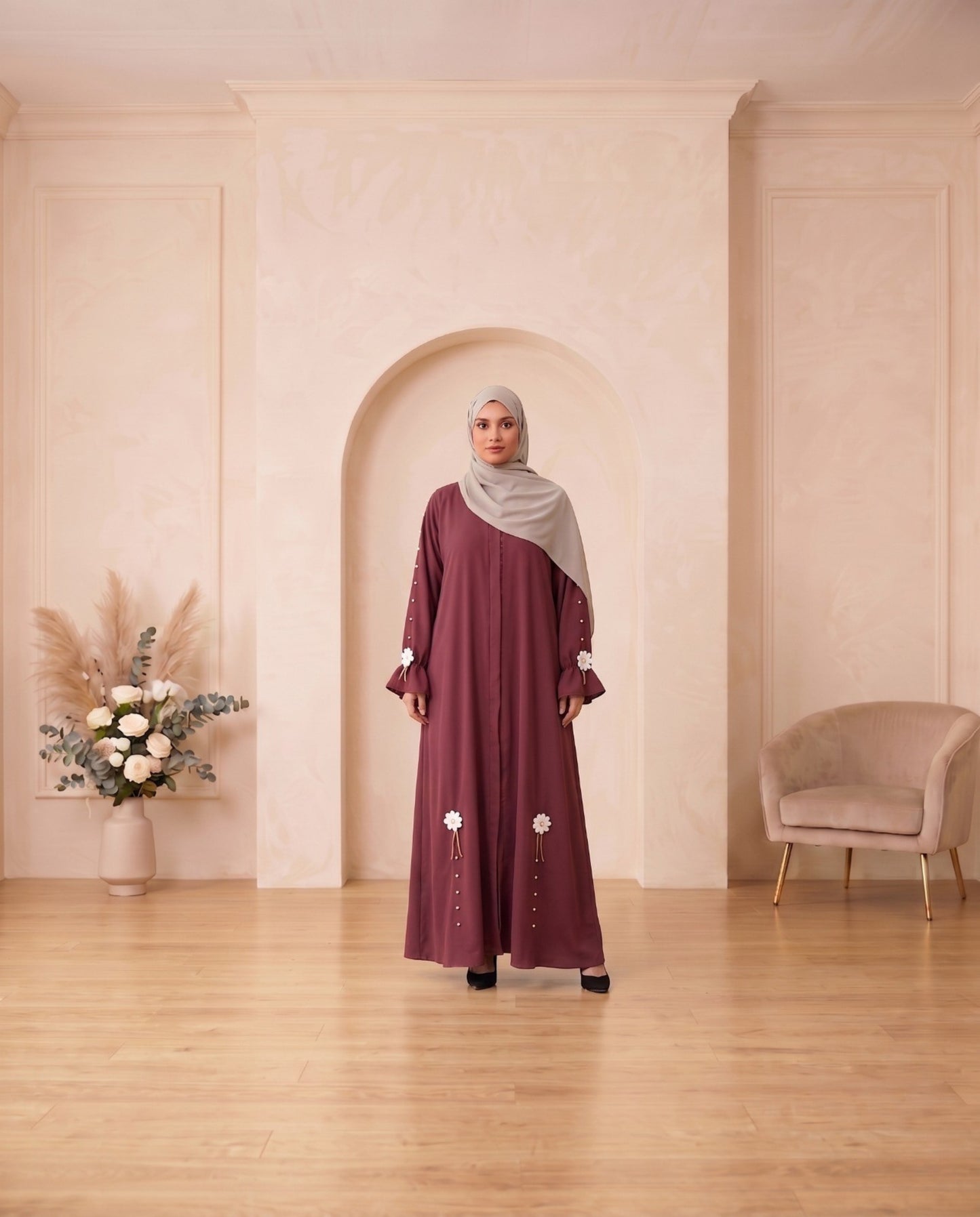 Embellished Floral Motif Georgette Abaya - Deep Maroon