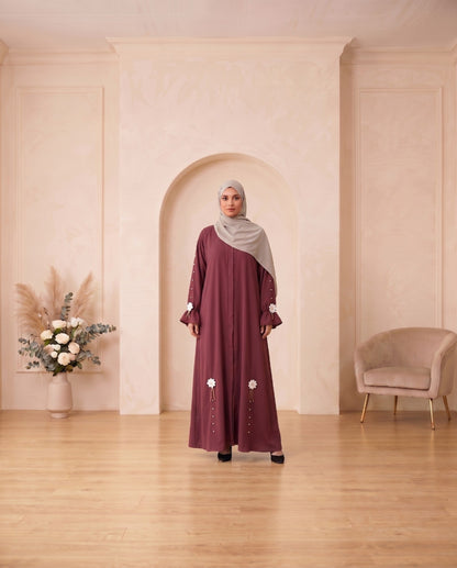 Embellished Floral Motif Georgette Abaya - Deep Maroon