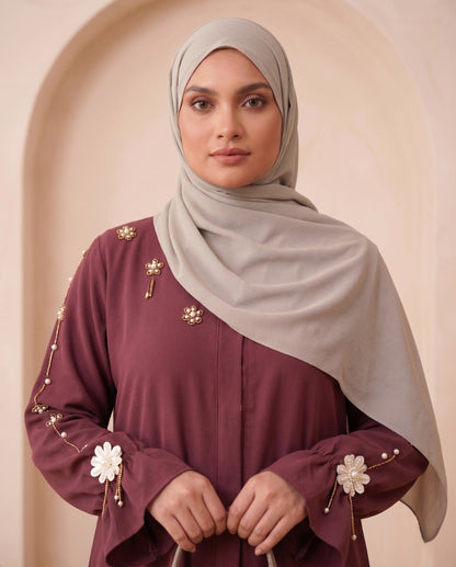 Embellished Floral Motif Georgette Abaya - Deep Maroon