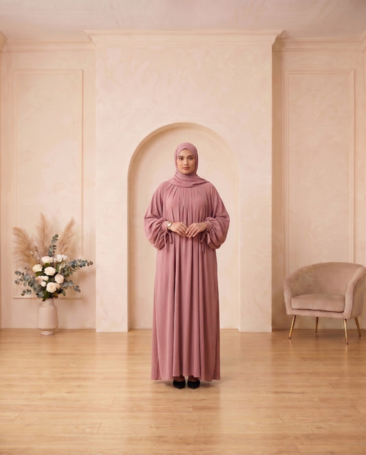Ethereal Dusty Rose Georgette Gathered Abaya
