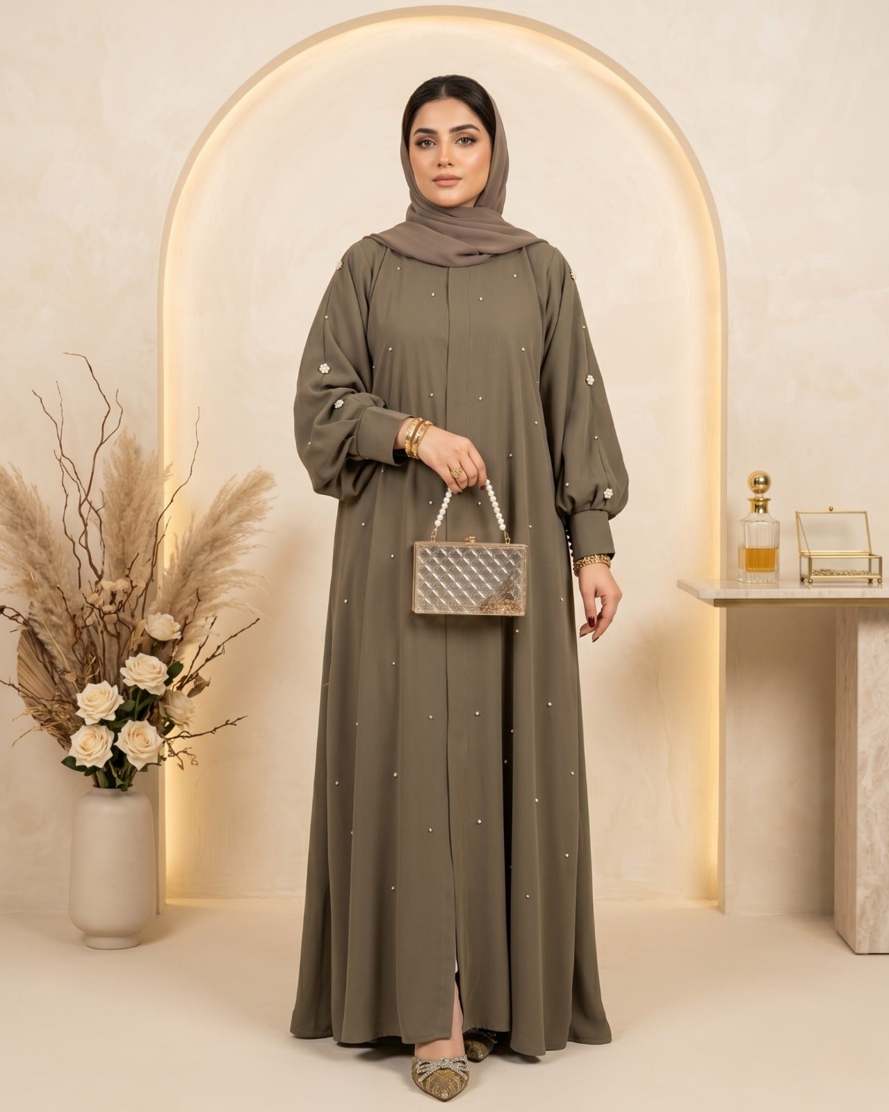 Olive Green Embellished Minimalist Abaya