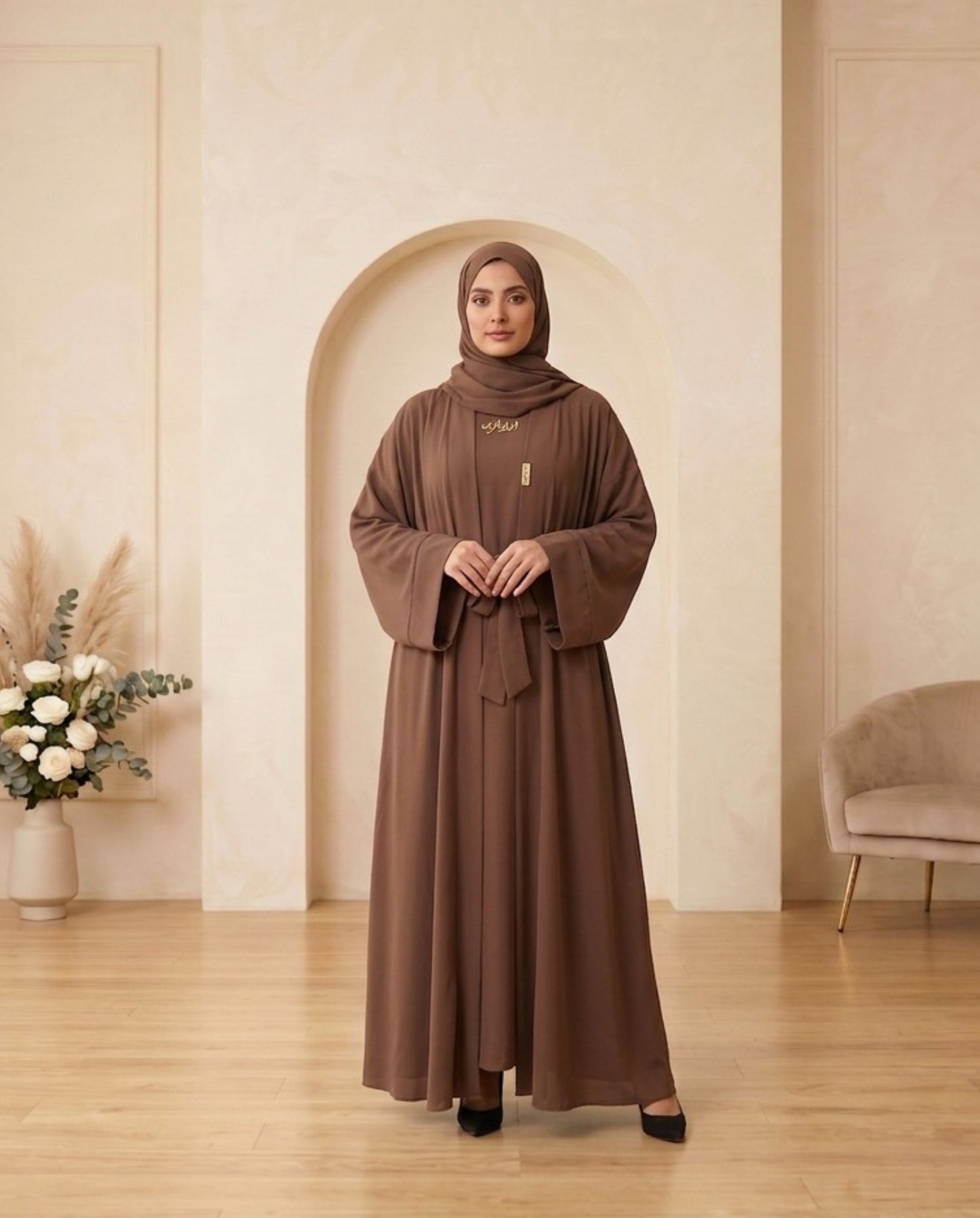 Premium Camel Brown Georgette Belted Abaya with Layered Cuff Sleeves