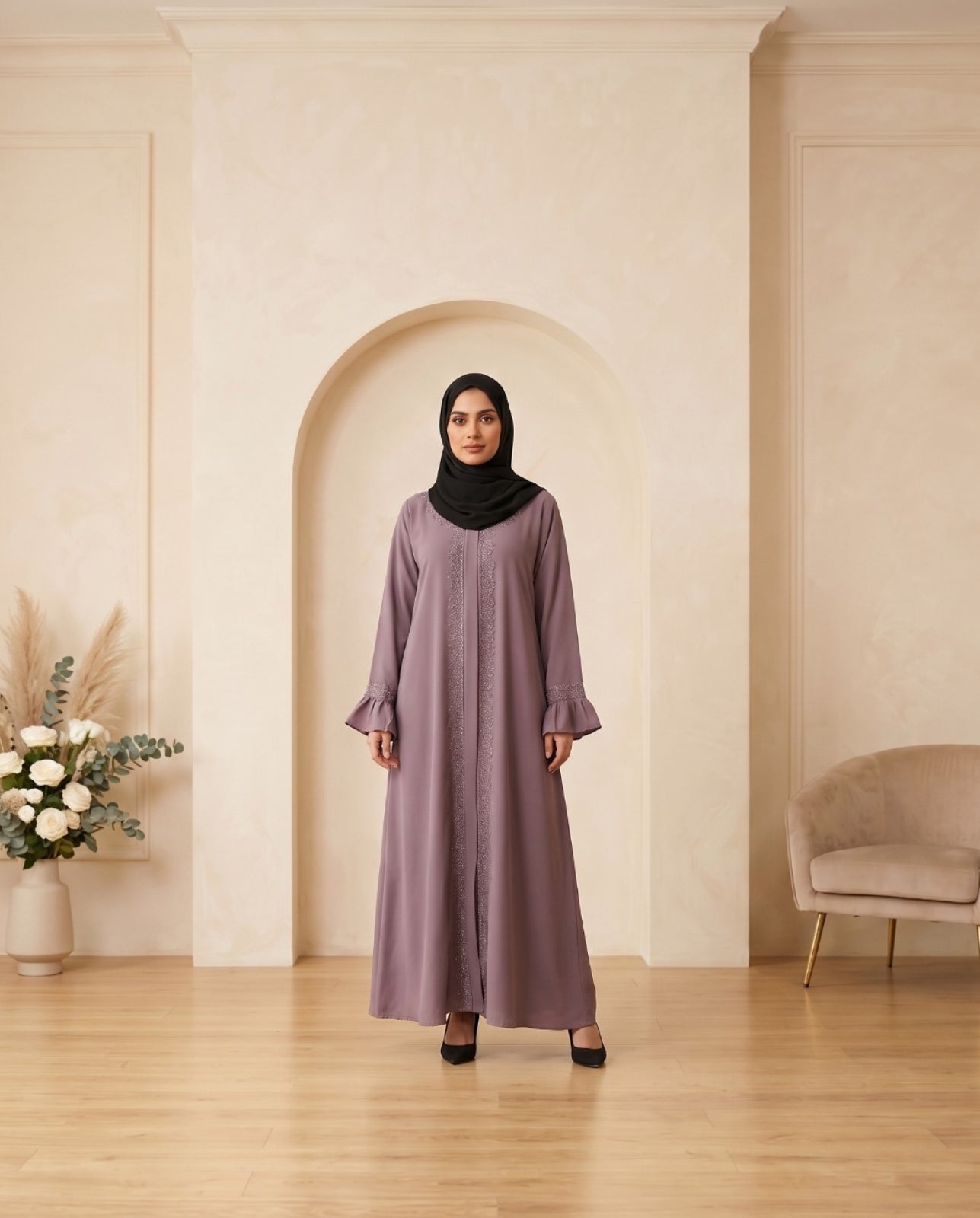 Premium Muted Lavender Georgette Abaya with Delicate Front Embroidery