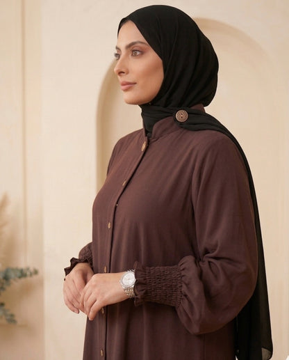 Premium Coffee Brown Georgette High-Neck Abaya with Smocked Cuffs