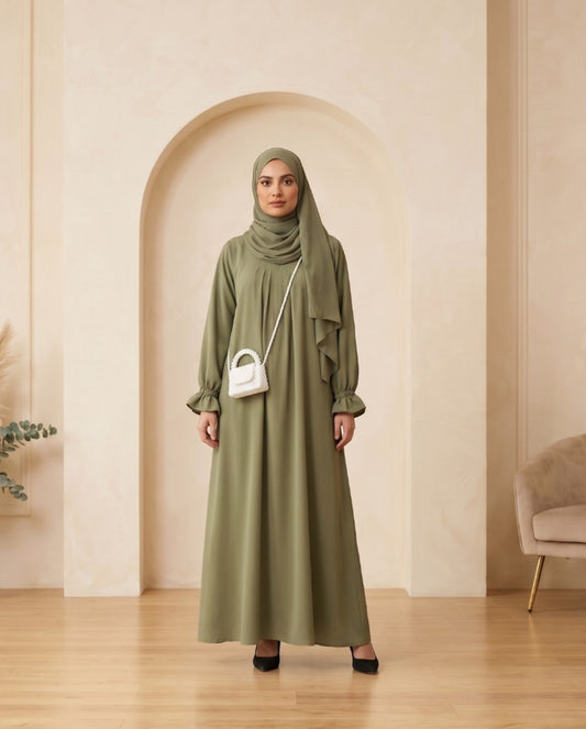 Premium Olive Green Georgette Abaya Set with Elegant Frill Cuffs