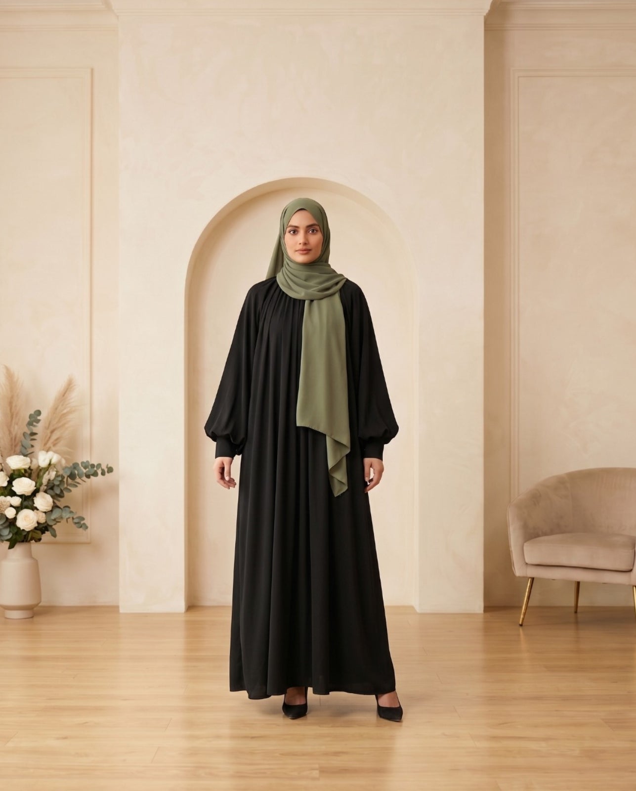 Premium Jet Black Georgette Abaya Set with Elegant Balloon Sleeves