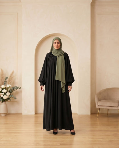 Premium Jet Black Georgette Abaya Set with Elegant Balloon Sleeves