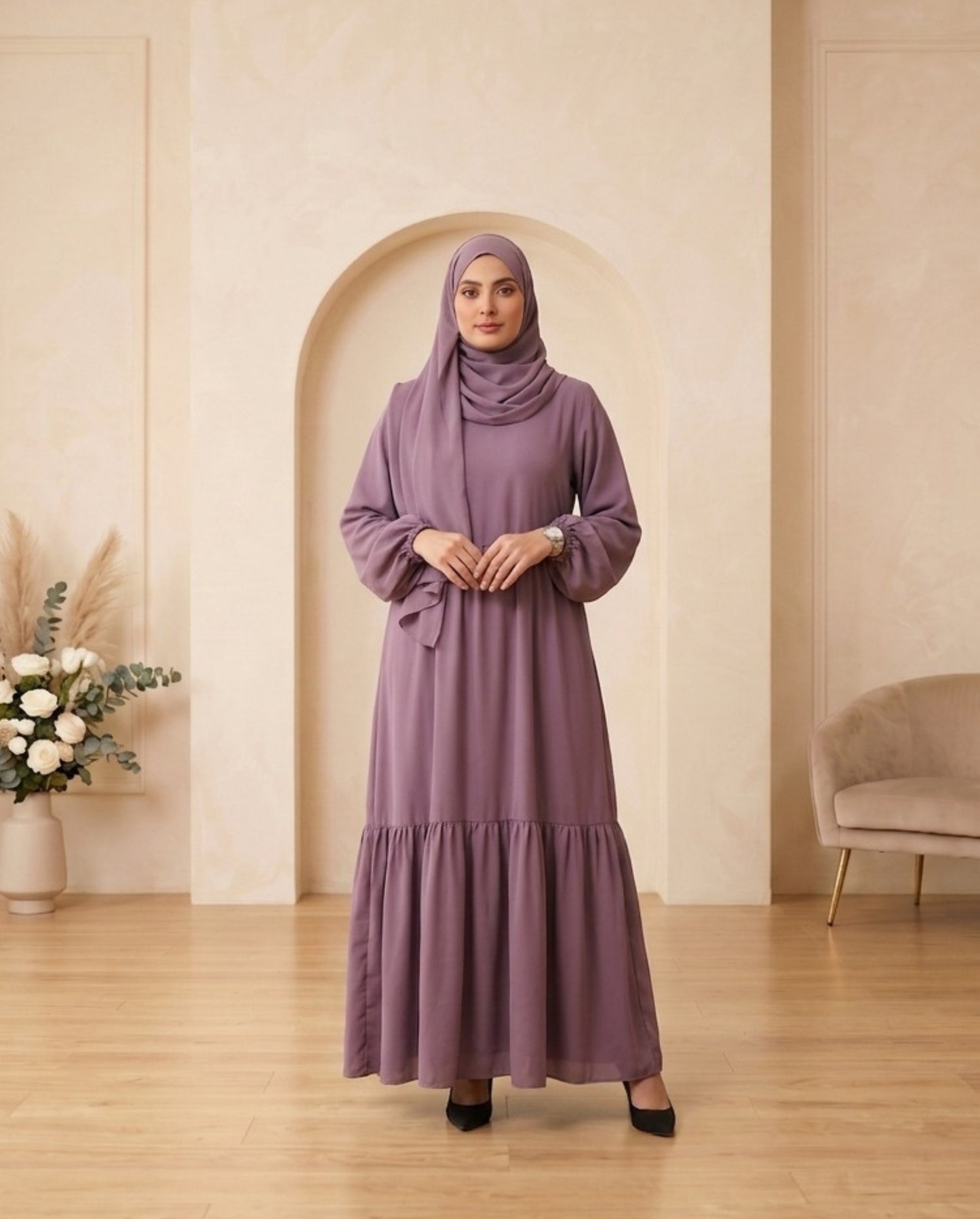 Premium Muted Plum Georgette Tiered Maxi Abaya with Balloon Sleeves