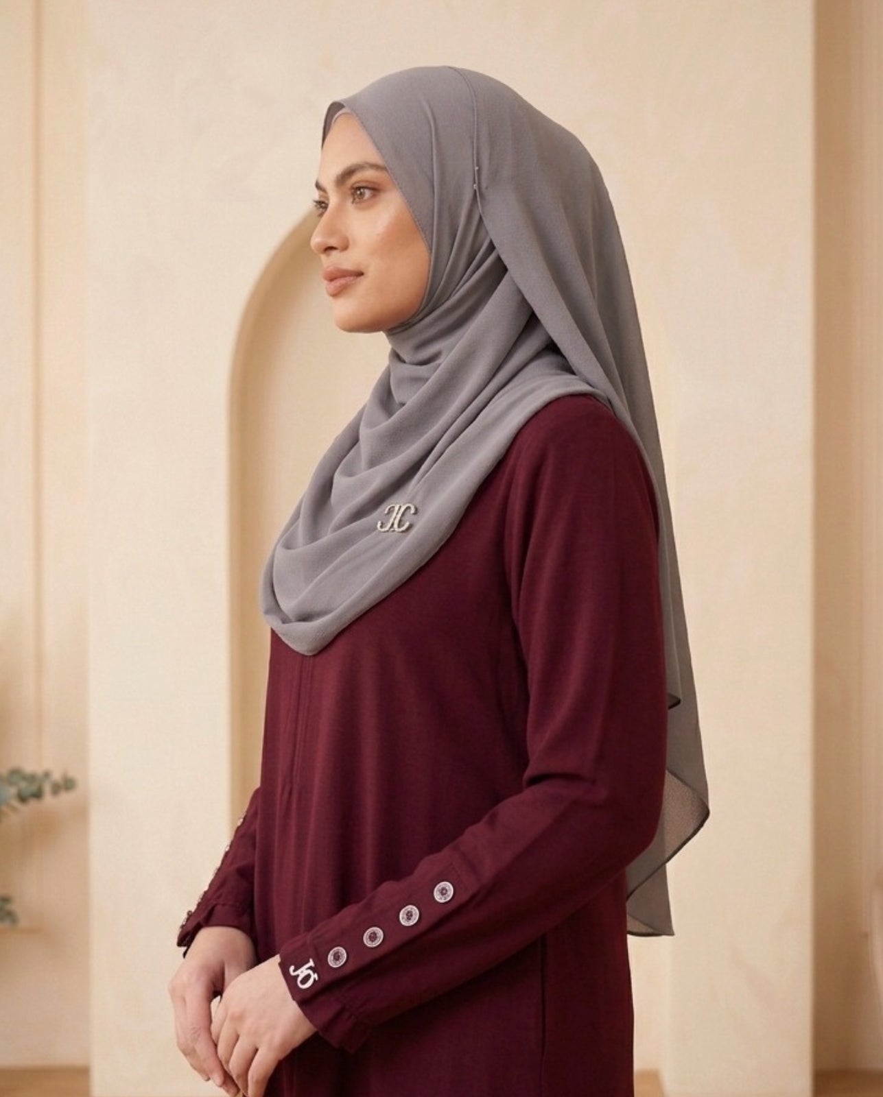 Premium Deep Maroon Georgette Abaya with Button-Detailed Tailored Sleeves