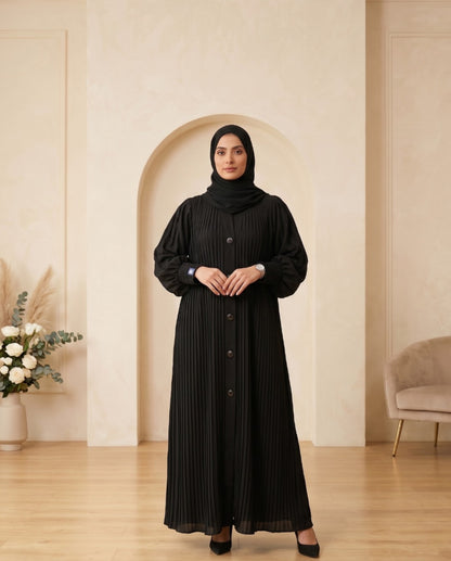 Premium Jet Black Georgette Micro-Pleated Abaya with Front Buttons
