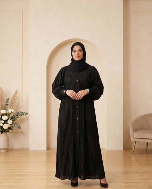 Premium Jet Black Georgette Micro-Pleated Abaya with Front Buttons