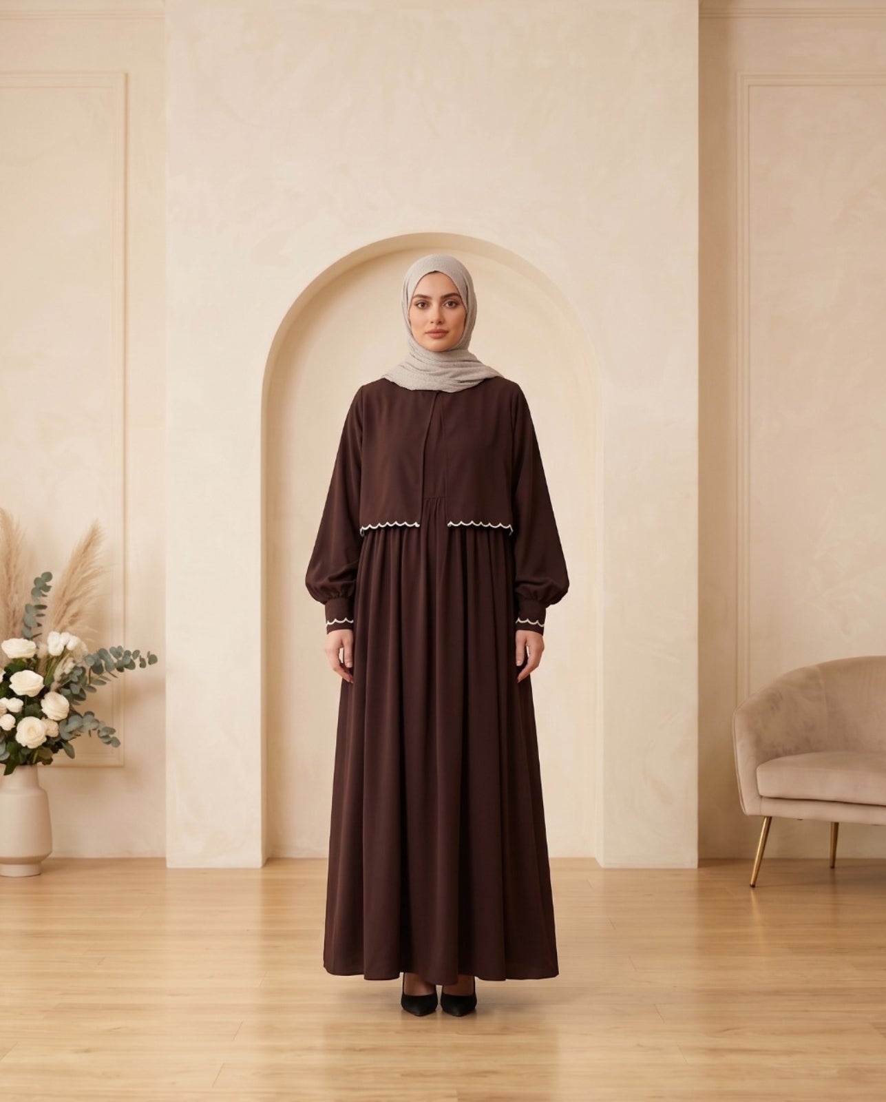 Premium Chocolate Brown Georgette Abaya Set with Elegant White Lace Details