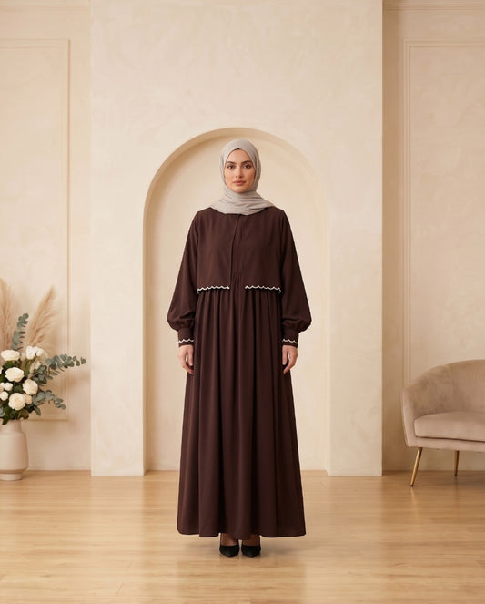Premium Chocolate Brown Georgette Abaya Set with Elegant White Lace Details