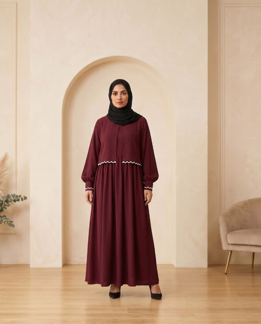 Premium Plum Georgette Abaya Set with Delicate Waist Lace Details