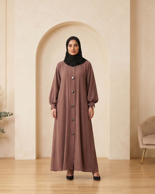 Premium Plum-Mauve Georgette Front-Button Abaya with Elegant Balloon Sleeves