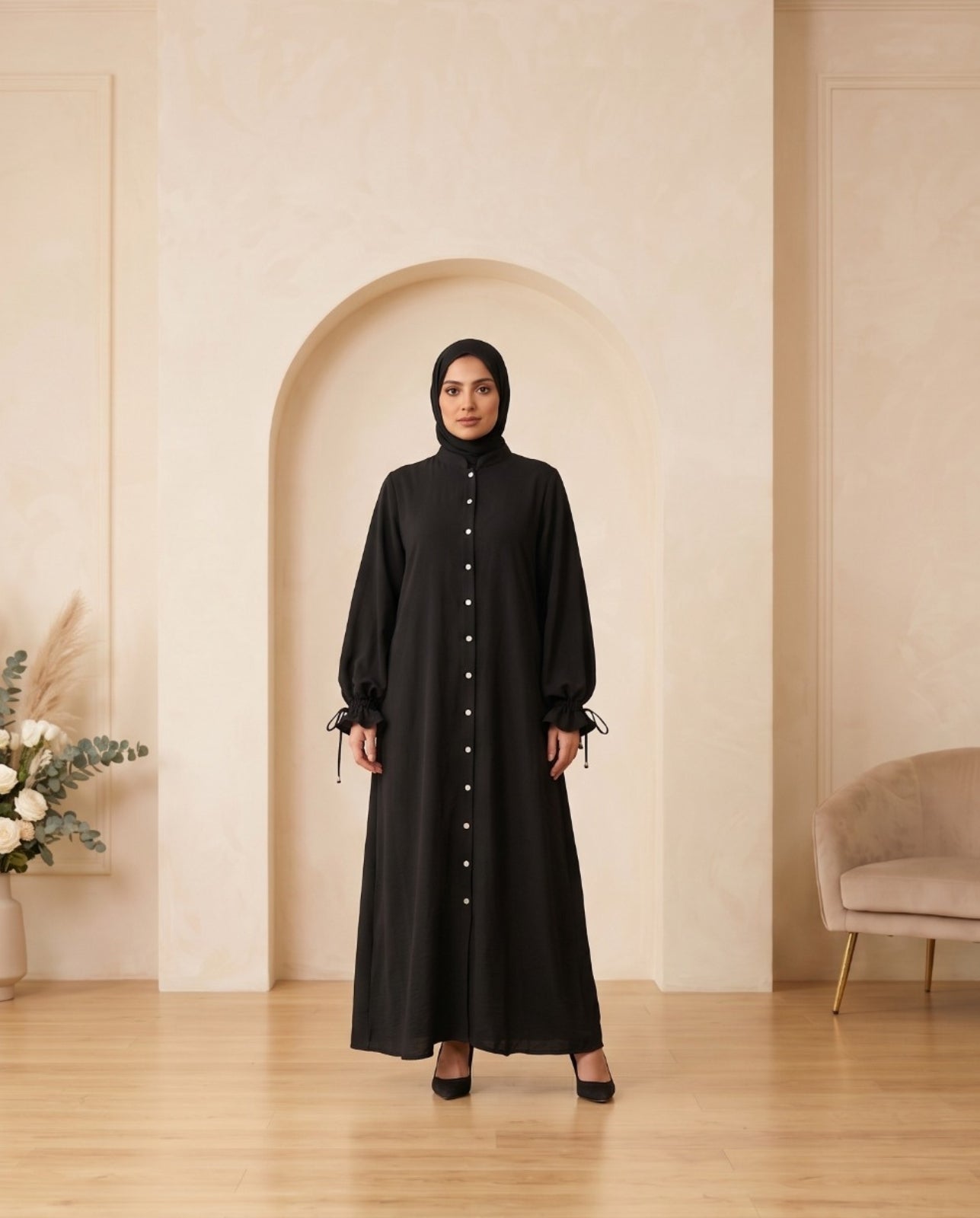 Premium Jet Black Georgette Front-Button Abaya with Elegant Sleeve Ties