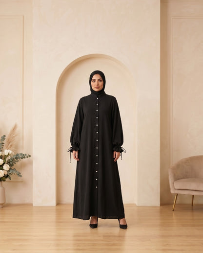 Premium Jet Black Georgette Front-Button Abaya with Elegant Sleeve Ties