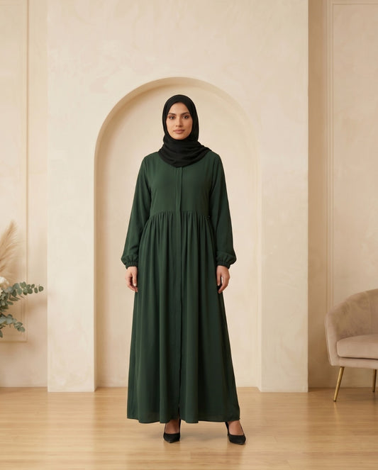 Premium Emerald Green Georgette High-Waist Abaya with Smocked Cuffs
