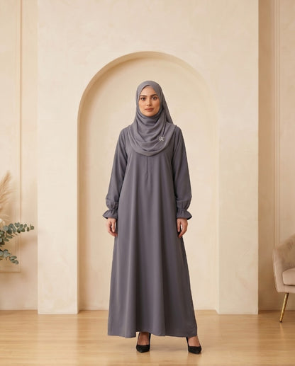 Premium Slate Gray Georgette Minimalist Abaya with Frilled Cuffs