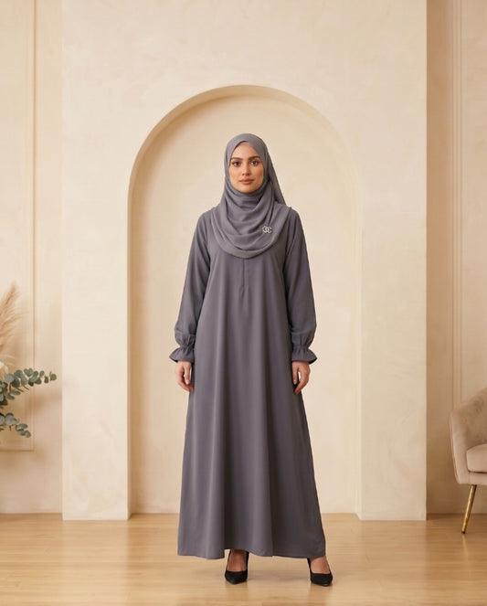 Premium Slate Gray Georgette Minimalist Abaya with Frilled Cuffs