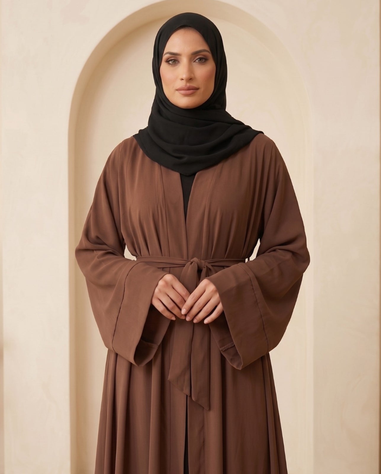 Premium Espresso Brown Georgette Open-Front Abaya with Matching Waist Belt