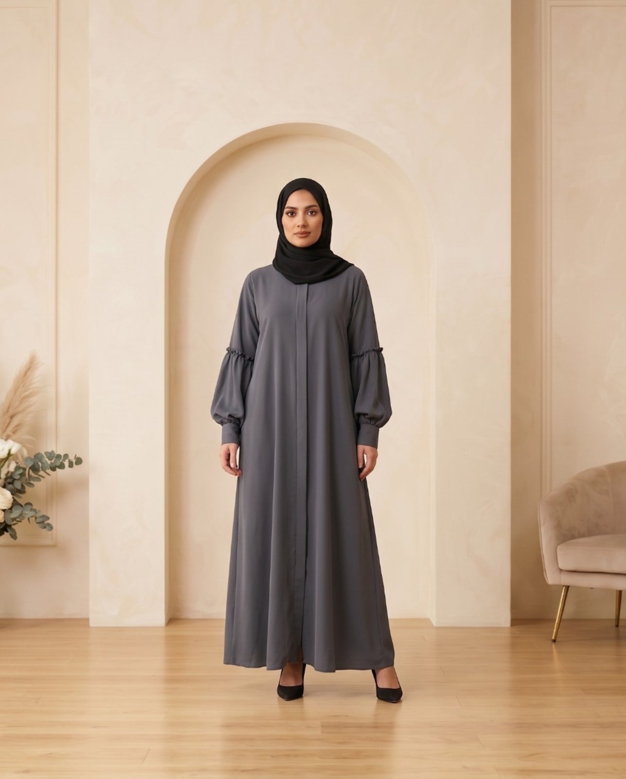 Premium Light Taupe Georgette Pleated Abaya Set with Elegant Balloon Sleeves