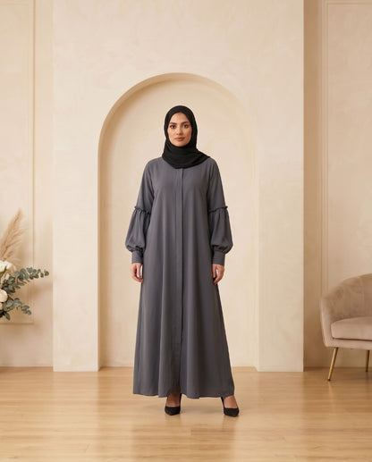 Premium Light Taupe Georgette Pleated Abaya Set with Elegant Balloon Sleeves