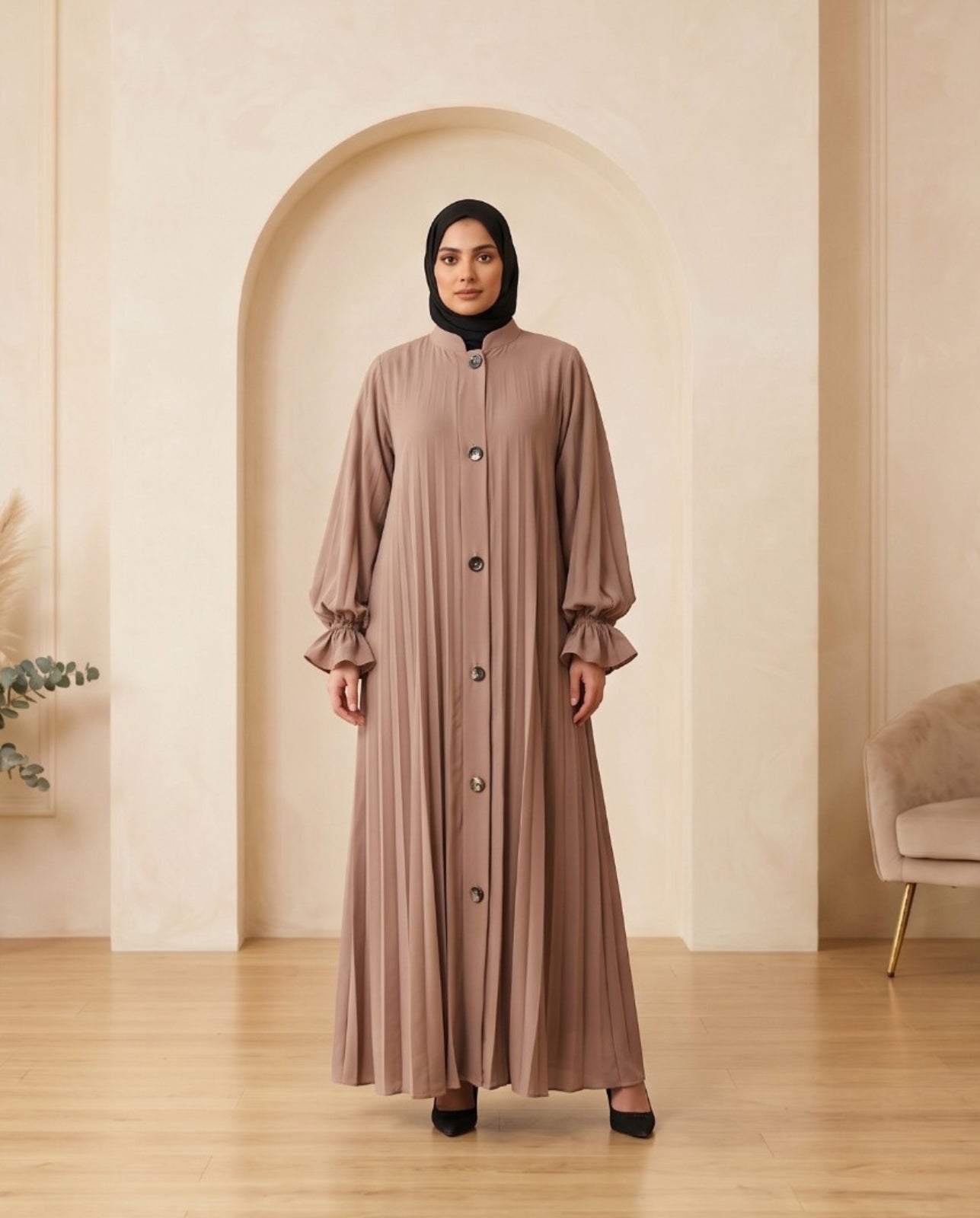 Premium Mauve Georgette Front-Button Abaya with Collar Neck & Balloon Sleeves