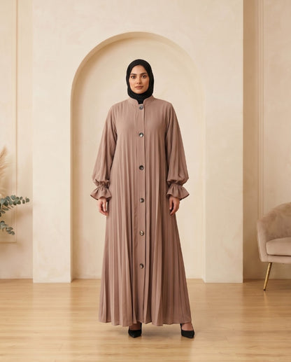 Premium Mauve Georgette Front-Button Abaya with Collar Neck & Balloon Sleeves