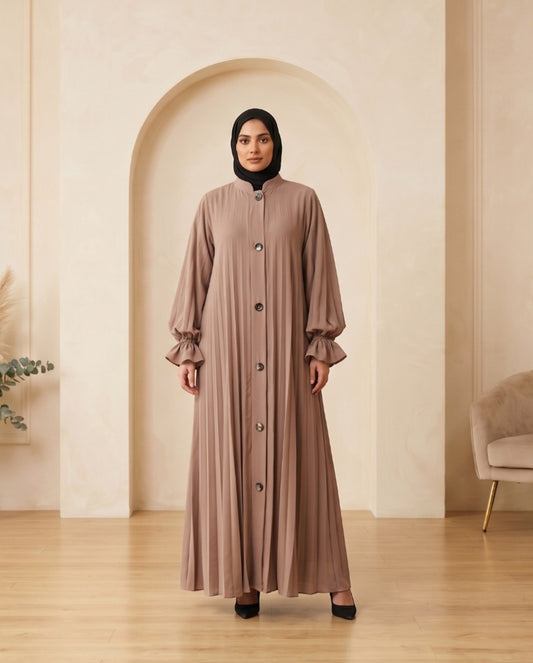 Premium Mauve Georgette Front-Button Abaya with Collar Neck & Balloon Sleeves