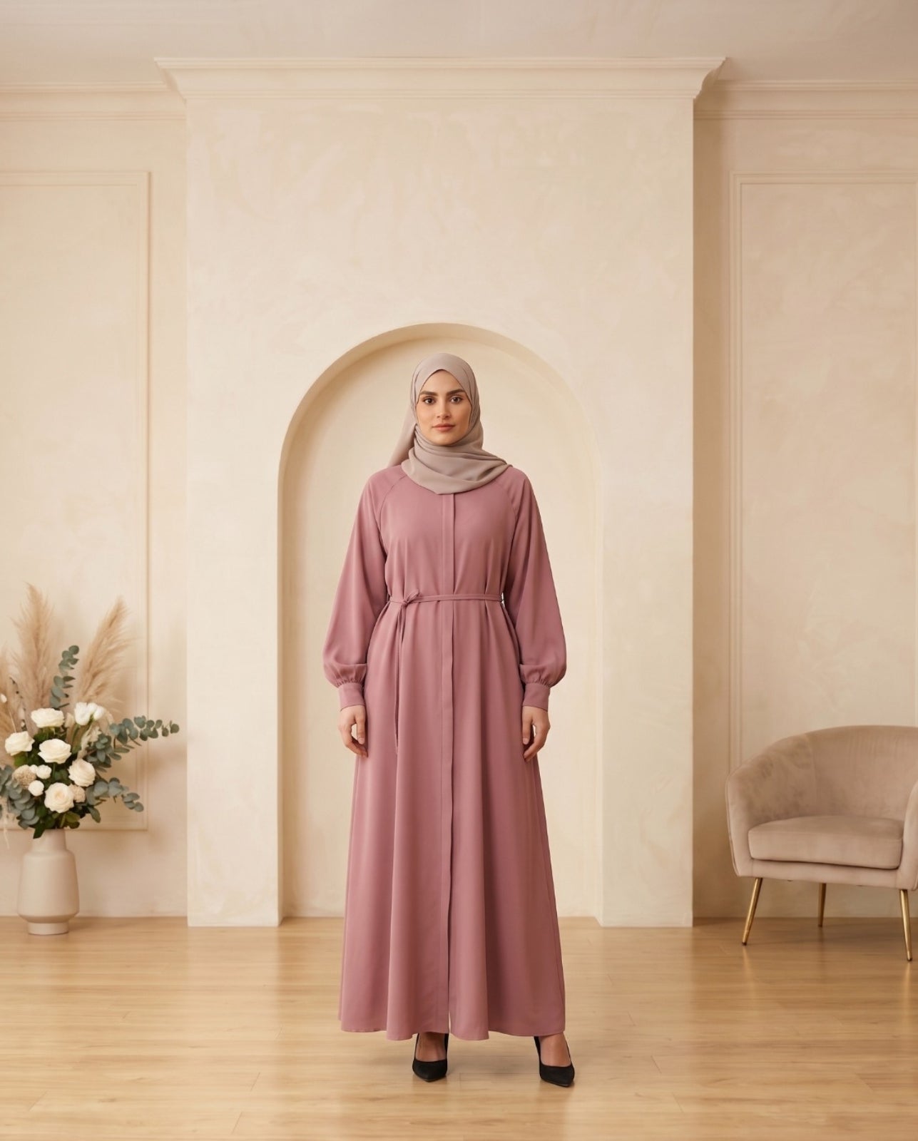 Premium Dusty Rose Georgette A-Line Abaya with Matching Waist Belt