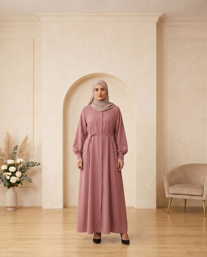 Premium Dusty Rose Georgette A-Line Abaya with Matching Waist Belt