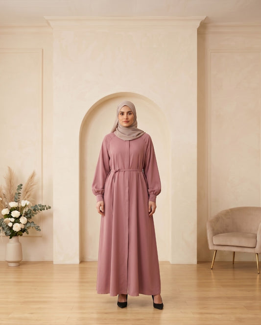 Premium Dusty Rose Georgette A-Line Abaya with Matching Waist Belt