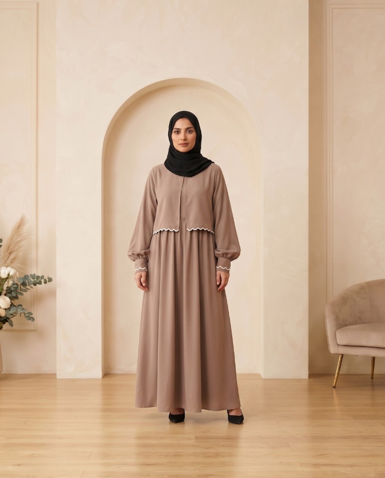 Premium Georgette High-Waist Maxi Abaya Set with Delicate White Scallop Lace