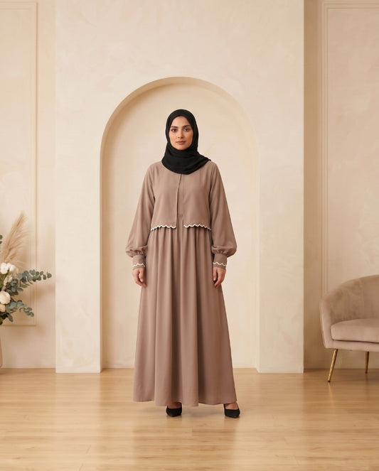 Premium Georgette High-Waist Maxi Abaya Set with Delicate White Scallop Lace
