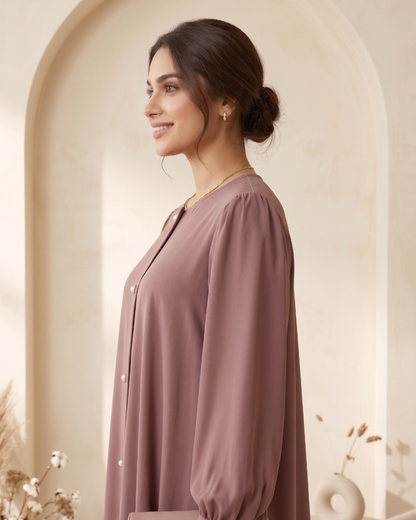 Elegant Mauve Button-Down Georgette Abaya