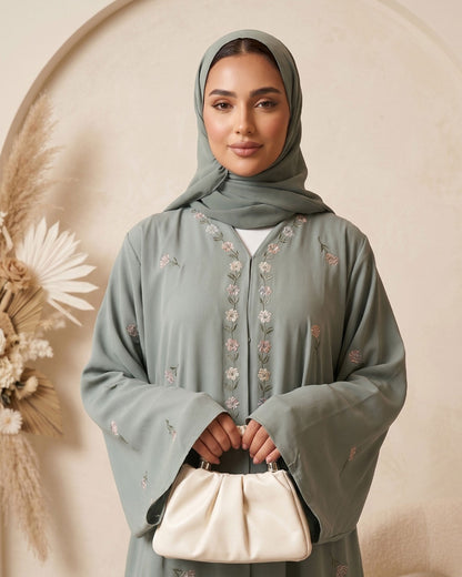 Elegant Sage Green Embroidered Georgette Abaya