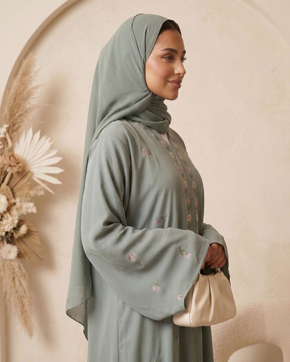 Elegant Sage Green Embroidered Georgette Abaya