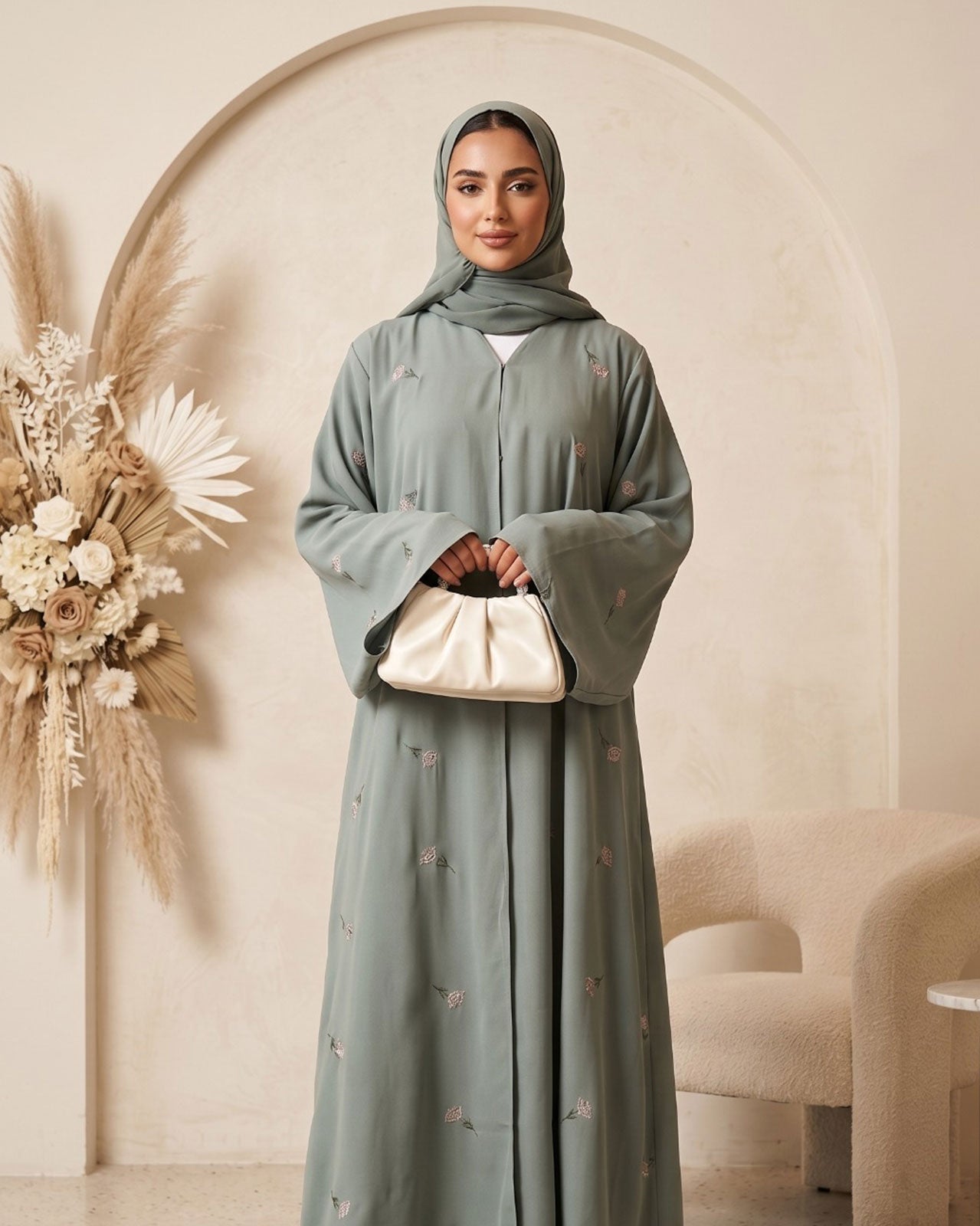 Elegant Sage Green Embroidered Georgette Abaya