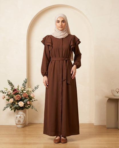 Chocolate Brown Ruffle-Shoulder Maxi Abaya