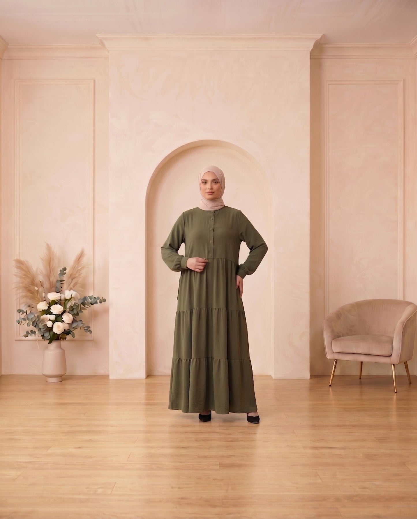 Classic Gathered-Bodice Georgette Abaya - Dark Coffee