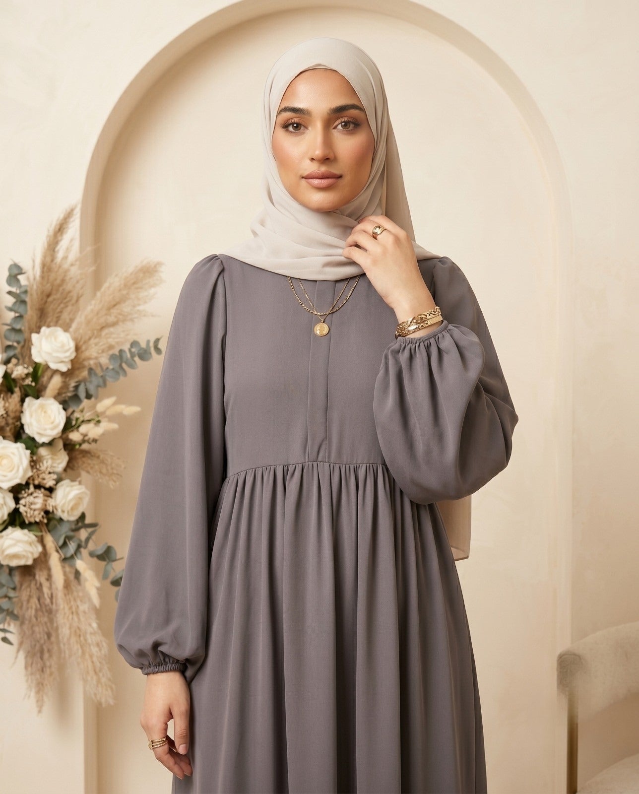 Sophisticated Slate Gray Tiered Georgette Abaya