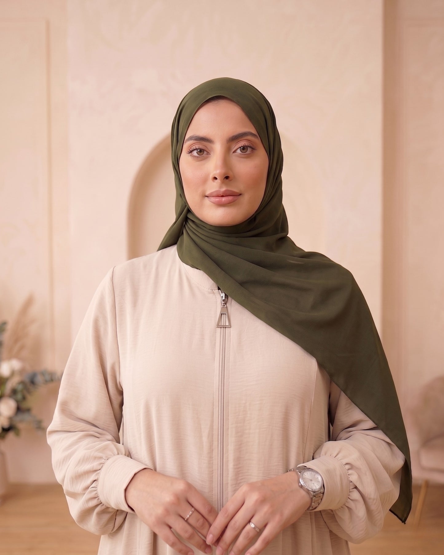 Modern Zip-Front Beige Abaya with Olive Georgette Hijab